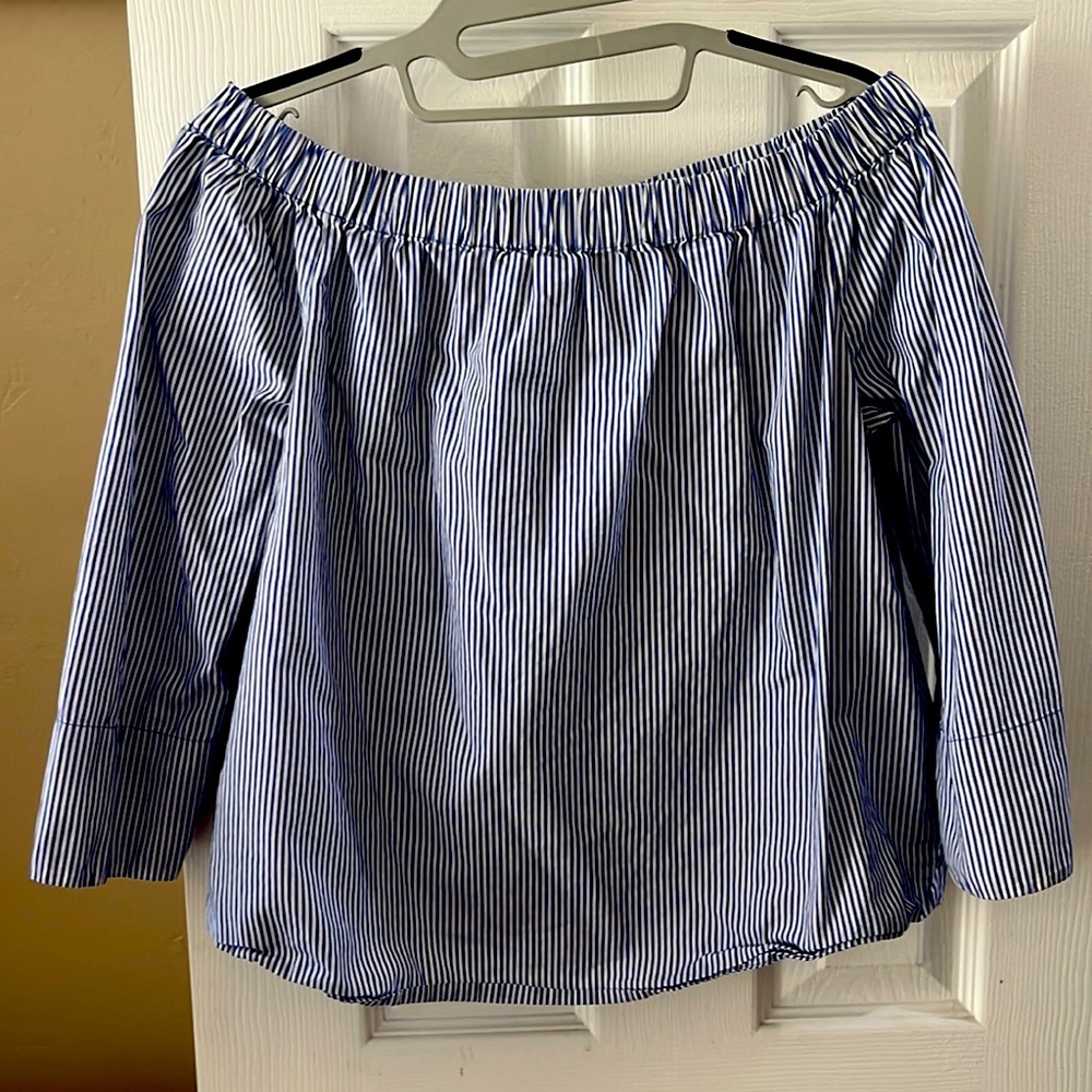 Zara blue and white off shoulder top
